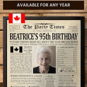 Cadeau du 95e anniversaire pour grand-mère, affiche de journal d'anniversaire 1930, il y a 95 ans en 1930, décorations pour son 95e anniversaire - Canada