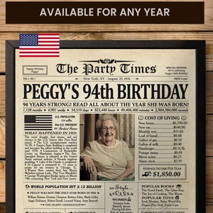 おばあちゃんやおじいちゃんへの 94 歳の誕生日プレゼント、1931 年の誕生日新聞ポスター、94 年前の 1931 年、94 歳の誕生日のデコレーション (印刷可能)