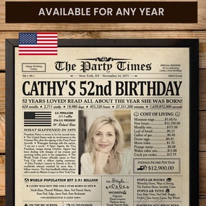52nd Birthday Newspaper Poster Sign, Personalized 1973 Birthday Newspaper Posters, Printable Birthday Decor, Birthday Gift for Mom or Dad