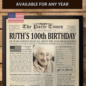 100e verjaardagscadeau, 100e verjaardag krantenbord, 100 jaar geleden terug in 1925 verjaardagsposter, cadeau voor vrouw, 100e verjaardagsdecoratie