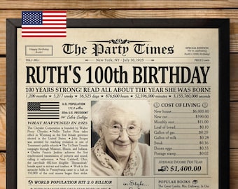 100th Birthday Gift, 100th Birthday Newspaper Sign, 100 Years Ago Back in 1925 Birthday Poster, Gift for Woman, 100th Birthday Decorations