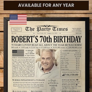 Regalo de 70 cumpleaños para mujer u hombre, cartel de periódico personalizado para 70 cumpleaños, regalos para cumplir 70 años en 1955, decoraciones para 70 cumpleaños