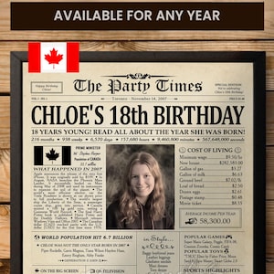 Póster de periódico personalizado para el 18.° cumpleaños de un niño o una niña, nacido en 2007, regalo para una niña que cumple 18 años, letrero de bienvenida para cumpleaños