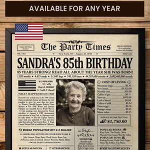 Regalo de cumpleaños número 85 para mujeres u hombres, póster de cumpleaños de periódico de 1940, letrero de 1940, regalo para abuela, abuelo, mamá, papá, hombres o mujeres