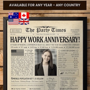 Personalized Newspaper Work Anniversary Gift, ANY YEAR, 10 year work gift, 25 year work gift, Gift for employees, Gifts for Coworkers