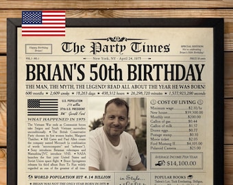 50th Birthday Gift for Women or Men, 50th Party Decoration,Personalized 1974 Newspaper Poster, Birthday Gift for Women Friends, Back in 1975