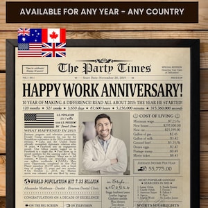 Work Anniversary Gift, Personalized Work Anniversary Newspaper Poster, ANY YEAR, Gift for Dentist, PRINTABLE Dentist Gift for Her or Him