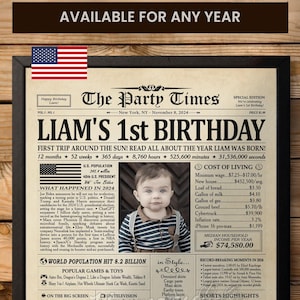 Cartel de periódico con el primer cumpleaños, regalo de primer cumpleaños para hijo o hija, cumpleaños de bebé imprimible, regalo de bebé personalizado, año 2024