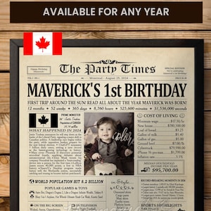 Cadeau de premier anniversaire, cadeau personnalisé de 1er anniversaire, affiche de journal 2024, décoration de premier anniversaire pour le CANADA, cadeau pour petite fille, bébé garçon