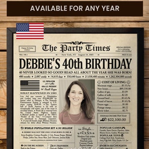 Cartaz de jornal de 40º aniversário, presente personalizado de 40º aniversário para mulheres ou homens, decorações de pôster de aniversário de 1985, presente de 1985 para mulheres