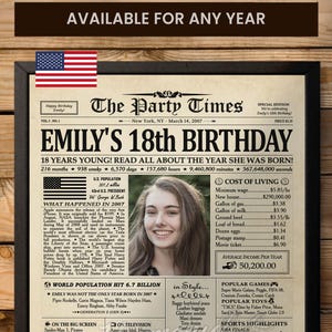Regalo de cumpleaños número 18 para niñas, póster de periódico de cumpleaños número 18, póster de fiesta personalizado, en 2007, póster de cumpleaños número 18 para ella