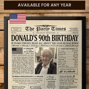 Regalo di compleanno per uomo del 90° compleanno, regalo di compleanno del 1935 per lui, giornale personalizzato per il 90° compleanno, decorazioni per il 90° compleanno, regalo per il nonno