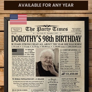 Carte d'anniversaire pour 98e anniversaire, née en 1927, journal personnalisé pour 98e anniversaire avec anecdotes amusantes sur 1927, retour en 1927, cadeau pour grand-mère ou grand-père, TOUTE L'ANNÉE