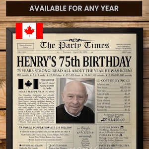 Cadeau 75e anniversaire pour femme ou homme, affiche de journal personnalisée 75e anniversaire, cadeau 75e anniversaire pour lundi ou papa, retour en 1950