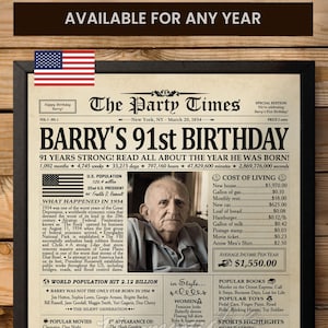 91st Birthday Gift for Men, 1934 Birthday Gift for Him, Personalized 91st Birthday Newspaper, 91st Birthday Decorations Gift for Grandpa