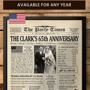 Regalo del 65.° aniversario de bodas para padres, regalo del 65.° aniversario para esposa, póster de periódico de aniversario, regalo del aniversario de 1960 para padres
