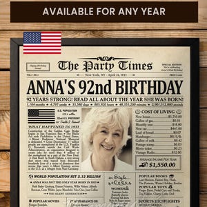 92nd Birthday Gift for Women, 1933 Birthday Gift for Her, Personalized 92nd Birthday Newspaper, 92nd Birthday Decorations Gift for Grandma