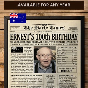 100th Birthday Gift, 100 Year Old Birthday Gift for Man, 100th Birthday Newspaper, 1925 Birthday, 100 Years Ago Back in 1925 Australia