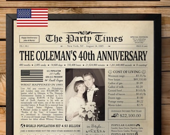 40th Wedding Anniversary Gift for Parents, Back in 1985 Newspaper Poster Sign, 40th Wedding Anniversary Gift for Couples, 1985 Highlights