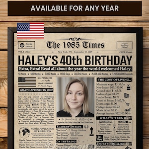40th Birthday Gifts for Women or Men, Personalized 40th Birthday Gifts for Him or Her 40th Birthday Newspaper Decoration, Back in 1985