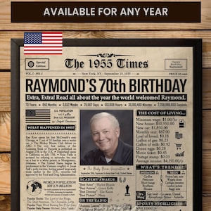 Regalo de 70 cumpleaños para hombres, decoración de 70 cumpleaños, regalo de 70 cumpleaños para mujeres, periódico de 70 cumpleaños, cumpleaños de 1955, periódico personalizado