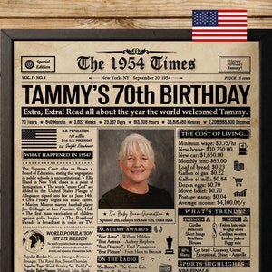 Periódico de cumpleaños número 70, decoración imprimible de cumpleaños número 70, regalo de cumpleaños número 70 para mujer u hombre, periódico de cumpleaños de 1954, decoración de cumpleaños número 70