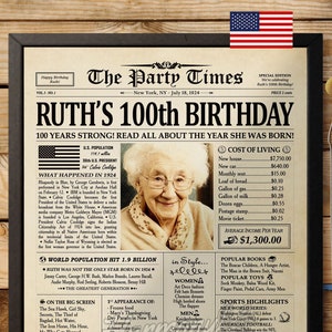 100th Birthday Gift, 100th Birthday Newspaper Sign, 100 Years Ago Back in 1924 Birthday Poster, Gift for Woman, 100th Birthday Decorations