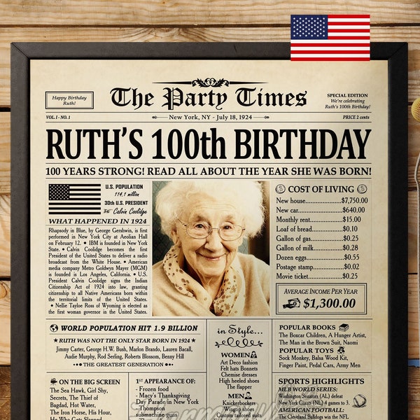 100th Birthday Gift, 100th Birthday Newspaper Sign, 100 Years Ago Back in 1924 Birthday Poster, Gift for Woman, 100th Birthday Decorations