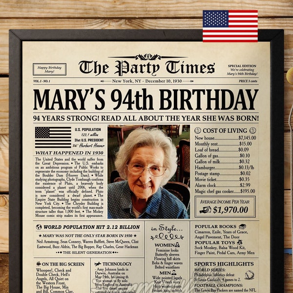 94th Birthday Gift for Grandma or Grandpa, 1930 Birthday Newspaper Poster, 94 Years Ago Back in 1930, 94th Birthday Decorations PRINTABLE