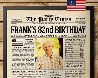 82nd Birthday Newspaper Poster Sign, 82nd Birthday Gift for Her or Him, Great Grandma Gift, Back in 1942, Birthday Decoration Poster