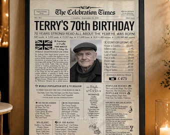 Puede incluir: Una impresión enmarcada al estilo de un periódico que celebra el 70 cumpleaños de Terry. El diseño en blanco y negro incluye una foto de Terry, titulares y datos de 1956. El texto dice "DISPONIBLE PARA CUALQUIER AÑO - CUALQUIER PAÍS".
