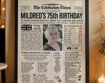 75th Birthday Personalized Newspaper Poster, Gift for Mum, Dad, Gran, Back in 1951