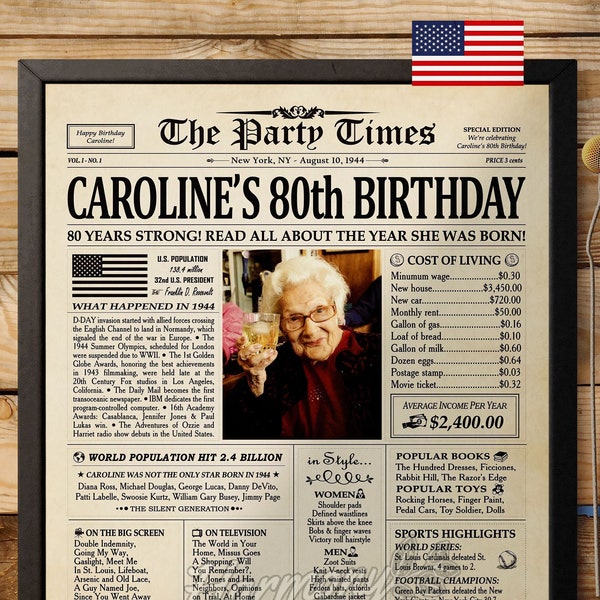Personalisiertes 80er Geburtstagsgeschenk für Frauen oder Männer, 1944 Zeitungsplakat Schild, 80er Geburtstagsgeschenk für Mama, 80er Geburtstagsdekoration