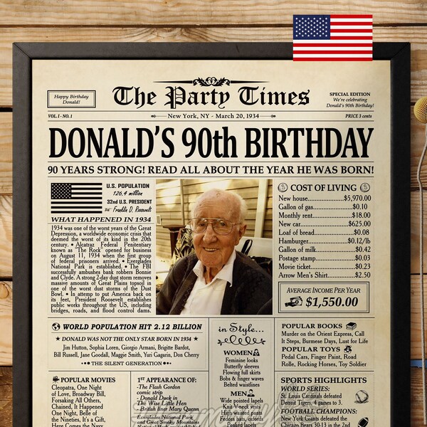 90th Birthday Gift for Men, 1934 Birthday Gift for Him, Personalized 90th Birthday Newspaper, 90th Birthday Decorations Gift for Grandpa