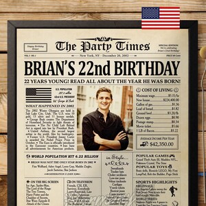 Personalized 22nd Birthday Gift, 22nd Birthday Newspaper Poster, Back in 2002, Custom Gift for Her or Him,22nd Birthday Party Decorations