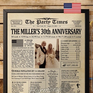 30th Anniversary Gift for Wife, Anniversary Newspaper Poster ANY YEAR, 30th Wedding Anniversary Gift for Husband and Wife Gift for Parents