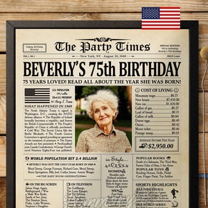 75th Birthday Gift for Women or Men, Personalized 75th Birthday Newspaper Poster, 75th Birthday Gift for Mon or Dad, Back in 1949