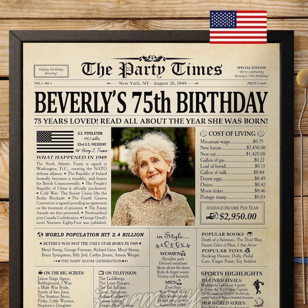 75th Birthday Gift for Women or Men, Personalized 75th Birthday Newspaper Poster, 75th Birthday Gift for Mon or Dad, Back in 1949