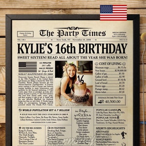 16th Birthday Gift Girl, 16th Birthday Gift Boy, Sweet 16 Gifts for Girls, Personalized 16th Birthday Newspaper Poster, Sweet 16 Decoration