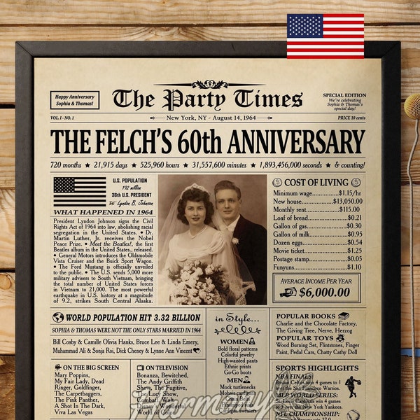 Regalos del 60 aniversario para padres, regalo del 60 aniversario de bodas, decoración del aniversario de bodas, letrero de periódico, regalos de aniversario de diamantes