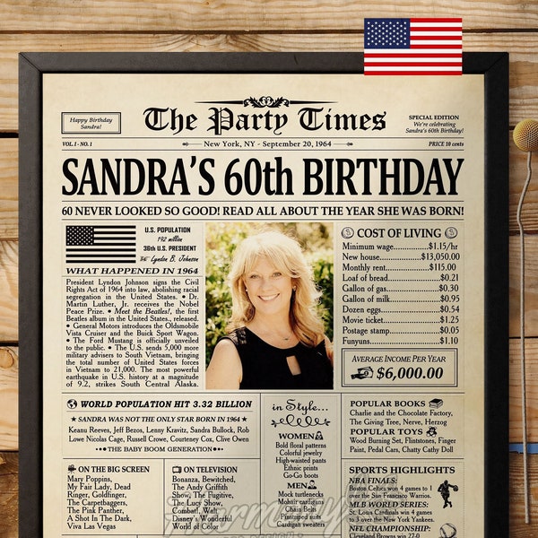 60th Birthday Gifts for Women or Men, Newspaper Birthday Decoration, Personalized 60th Birthday Newspaper Poster, 60th Birthday Gift for Mom