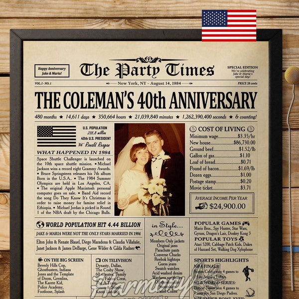 40th Wedding Anniversary Gift for Parents, Back in 1984 Newspaper Poster Sign, 40th Wedding Anniversary Gift for Couples, 1984 Highlights