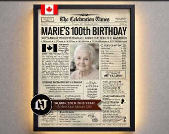 100th Birthday Gift for Grandma or Mom, 1926 Personalized Birthday Newspaper Poster, Keepsake, Party Decor, Canada Version