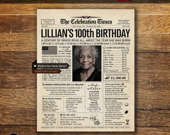 100th Birthday Personalized Newspaper Poster, Gift for Women or Men, Back in 1926