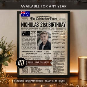 21st Birthday Personalized Newspaper Poster, Gift for Him or Her, Birthday Sign, Party Decor