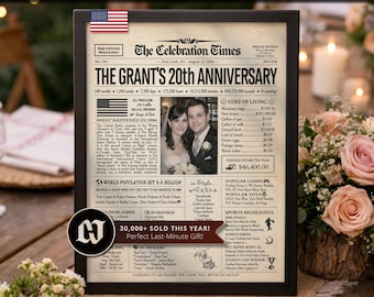 20th Anniversary Gift Newspaper Poster Sign | Platinum Wedding Anniversary | Party Decor, Favor