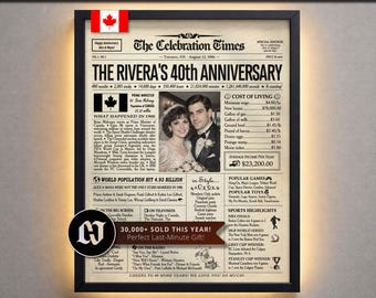 40th Anniversary Gift for Parents, 40th Wedding Newspaper for CANADA, Gifts for Couples, 40 Year Anniversary Gift, Ruby Anniversary Gift