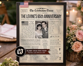 65th Anniversary Gift Newspaper Poster | Blue Sapphire Wedding Anniversary | Party Decor, Favor