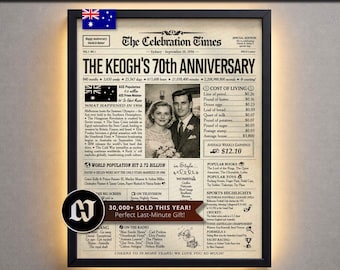 70th Wedding Anniversary Newspaper Poster, Married in 1956, Platinum Anniversary Gift for Parents, Grandparents, Couple, Australia, ANY YEAR
