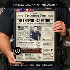 Retirement Personalized Newspaper Poster, Police Retirement Gift for Men or Women, Any Career, Keepsake
